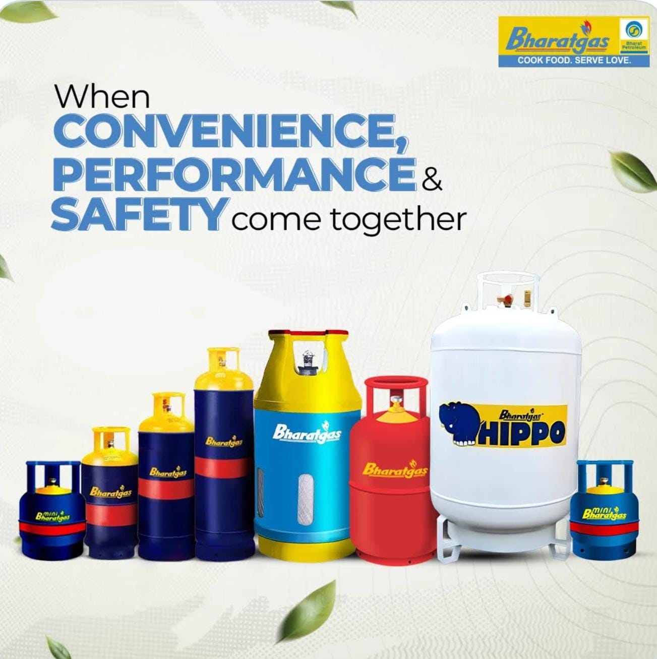 Full range of Bharatgas cylinders from Mini Bharatgas to the large Hippo commercial cylinder